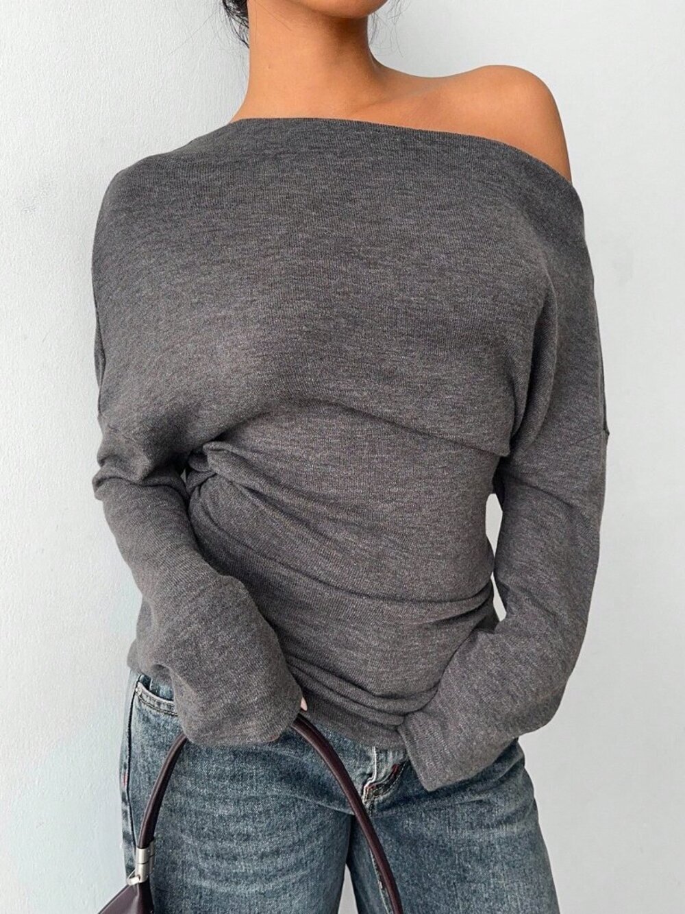 Charcoal Grey Casual Women's Long-Sleeved off Shoulder Knit Top